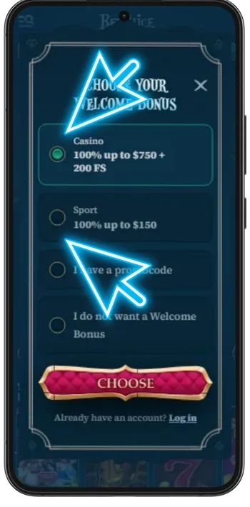 The BetAlice Casino bonus selector where you pick the casino welcome offer before signing up.