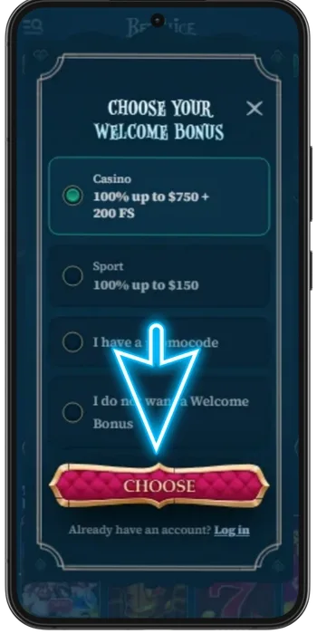 A BetAlice Casino player confirming the chosen welcome bonus so it carries into the new account.