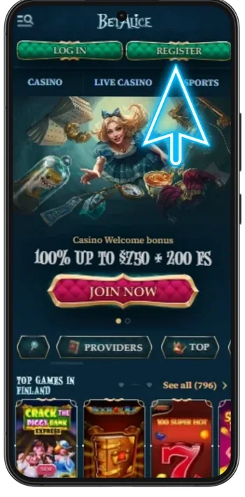 The BetAlice Casino homepage where an Australian player opens the registration form to claim the welcome bonus.