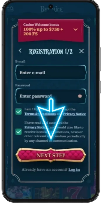 The first BetAlice Casino registration step where you enter your details to open an account.