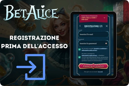 Registrazione a BetAlice Casino prima del primo accesso in Italia.