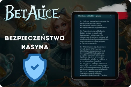 Ustawienia bezpieczeństwa i uwierzytelniania konta BetAlice Casino.