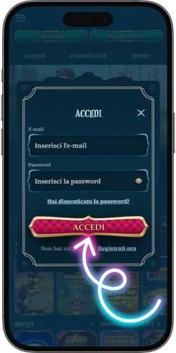 Modulo di login BetAlice Casino con campi e-mail e password.