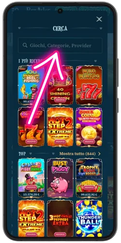 Barra di ricerca per giochi, categorie e provider su Betalice