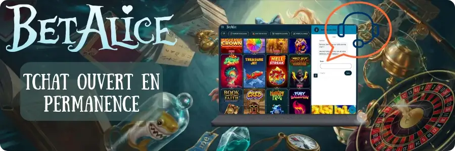 Conseiller francophone de BetAlice Casino répondant par tchat écrit à une question sur un paiement