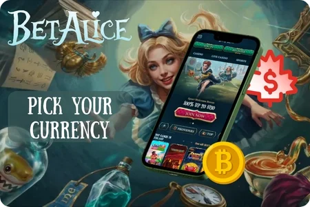 Icons of Canadian dollars and cryptocurrency coins showing the account currencies available at BetAlice Casino.