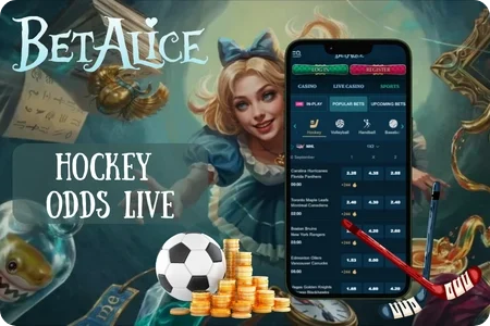 Hockey puck and a live odds board illustrating the ice hockey betting markets available at BetAlice Casino.