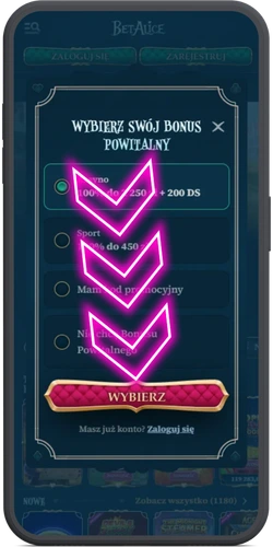 Potwierdzenie wybranego bonusu powitalnego podczas rejestracji w BetAlice Casino