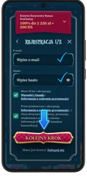 Pierwszy etap rejestracji w BetAlice Casino z polami na e-mail i hasło