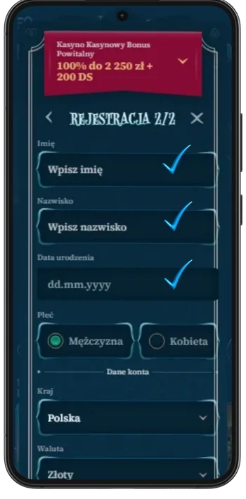 Drugi etap rejestracji BetAlice Casino z formularzem danych osobowych i wyborem kraju