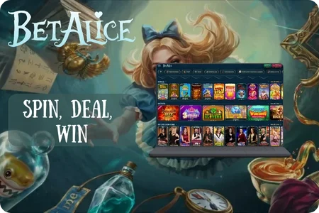 Collage of a slot reel, a live dealer table and a jackpot counter representing the game categories at BetAlice Casino.