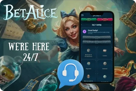 Live chat window with a support agent avatar representing the customer service channels at BetAlice Casino.