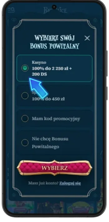 Okno wyboru bonusu powitalnego podczas zakładania konta w BetAlice Casino