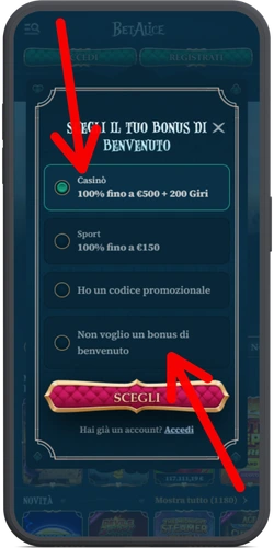 Selezione del bonus di benvenuto BetAlice Casino durante la registrazione