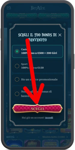 Conferma del bonus BetAlice Casino scelto durante la registrazione