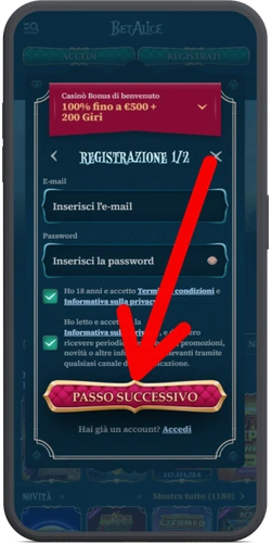 Registrazione BetAlice Casino con email e password per i giocatori in Italia