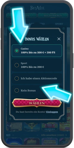 BetAlice Willkommensbonus während der Registrierung auswählen