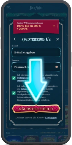 BetAlice Registrierung mit E-Mail und Passwort abschließen