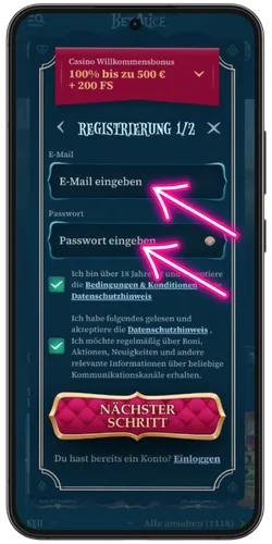 E-Mail und Passwort im Registrierungsformular eingeben